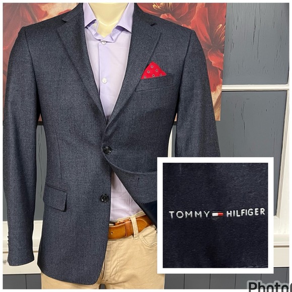 Tommy Hilfiger Blazer Jacket Sport Coat Mens 38R Wool Stretch Navy Plaid Flannel